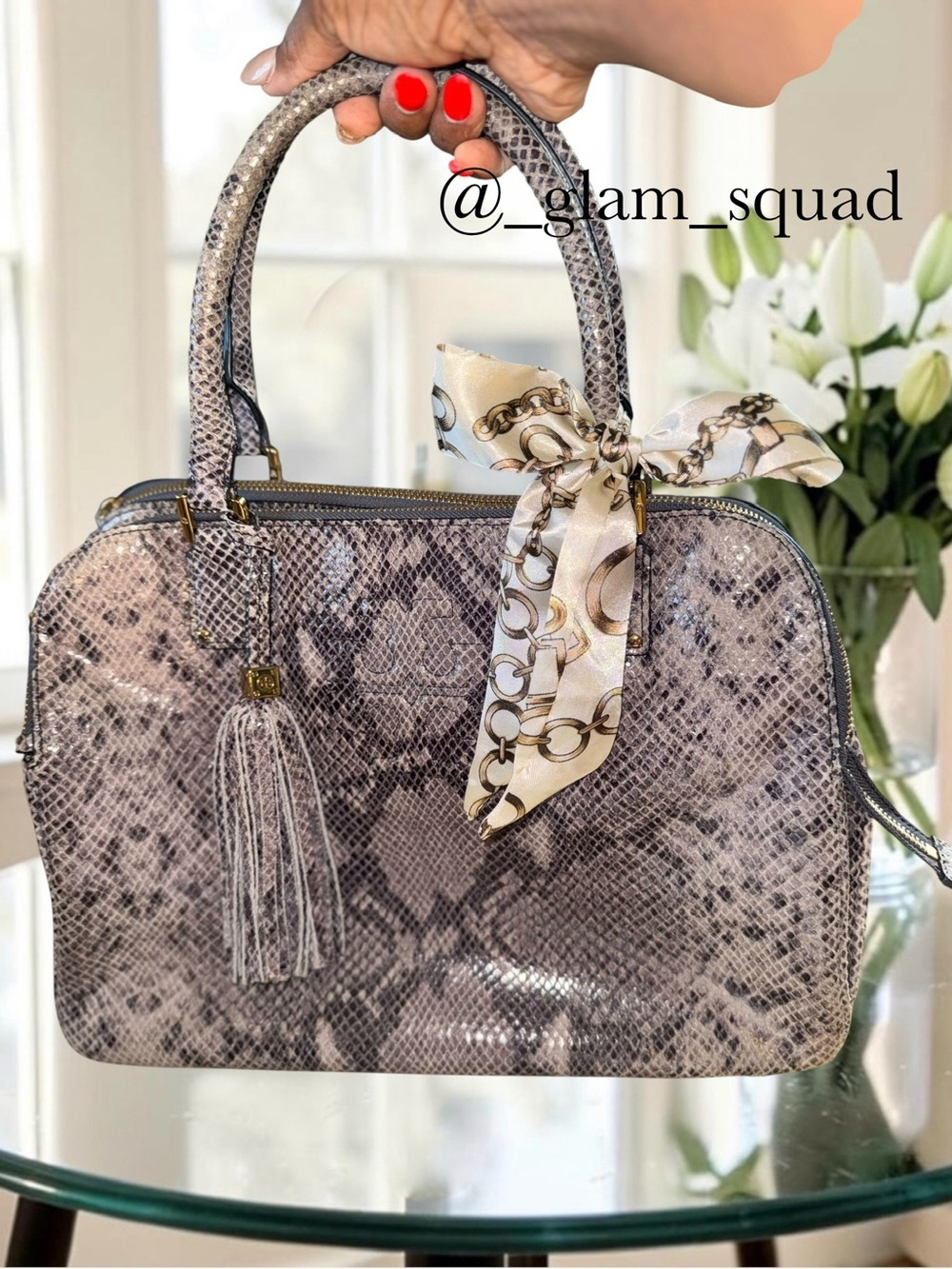 Tory Burch Thea Snake Print Leather 3-Compartment Satchel Bag - Gray/Taupe